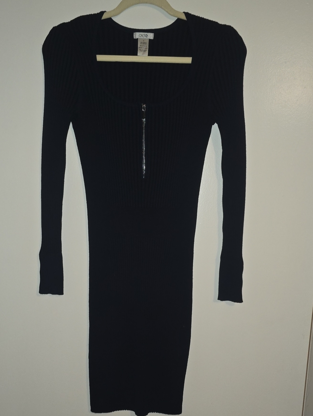 Cache Black Ribbed Long Sleeve Zip-Front Midi Dress